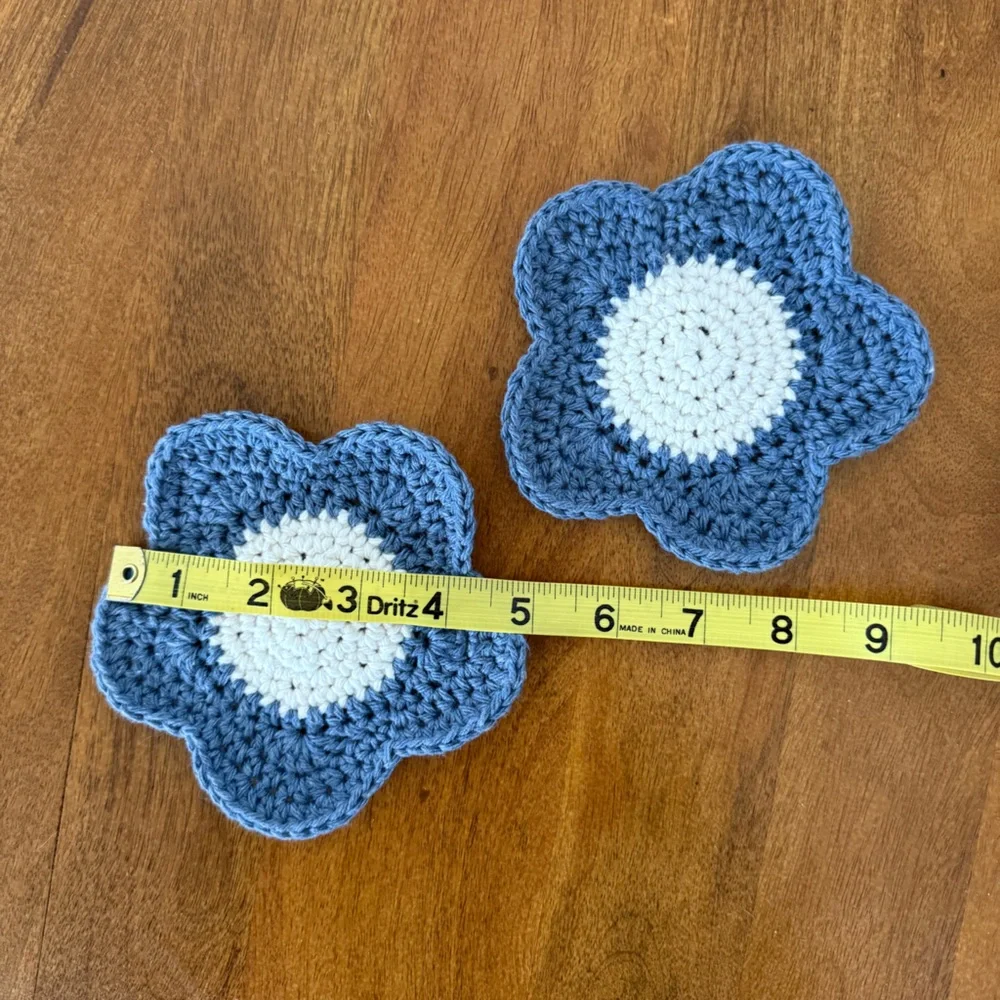 Crochet Blue and White Daisy Flower Coasters, Handmade